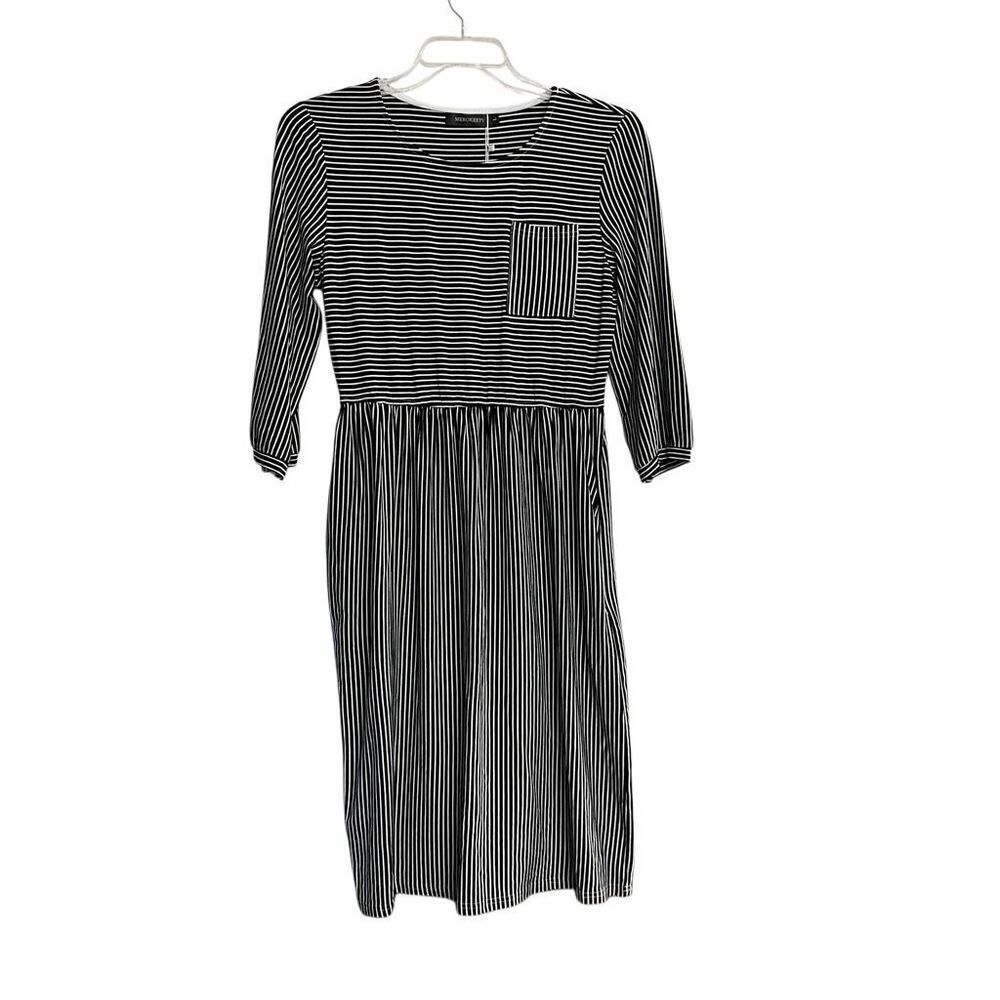 MEROKEETY 3/4 Sleeve Striped TShirt  Dress With Pockets Large Black White NEW